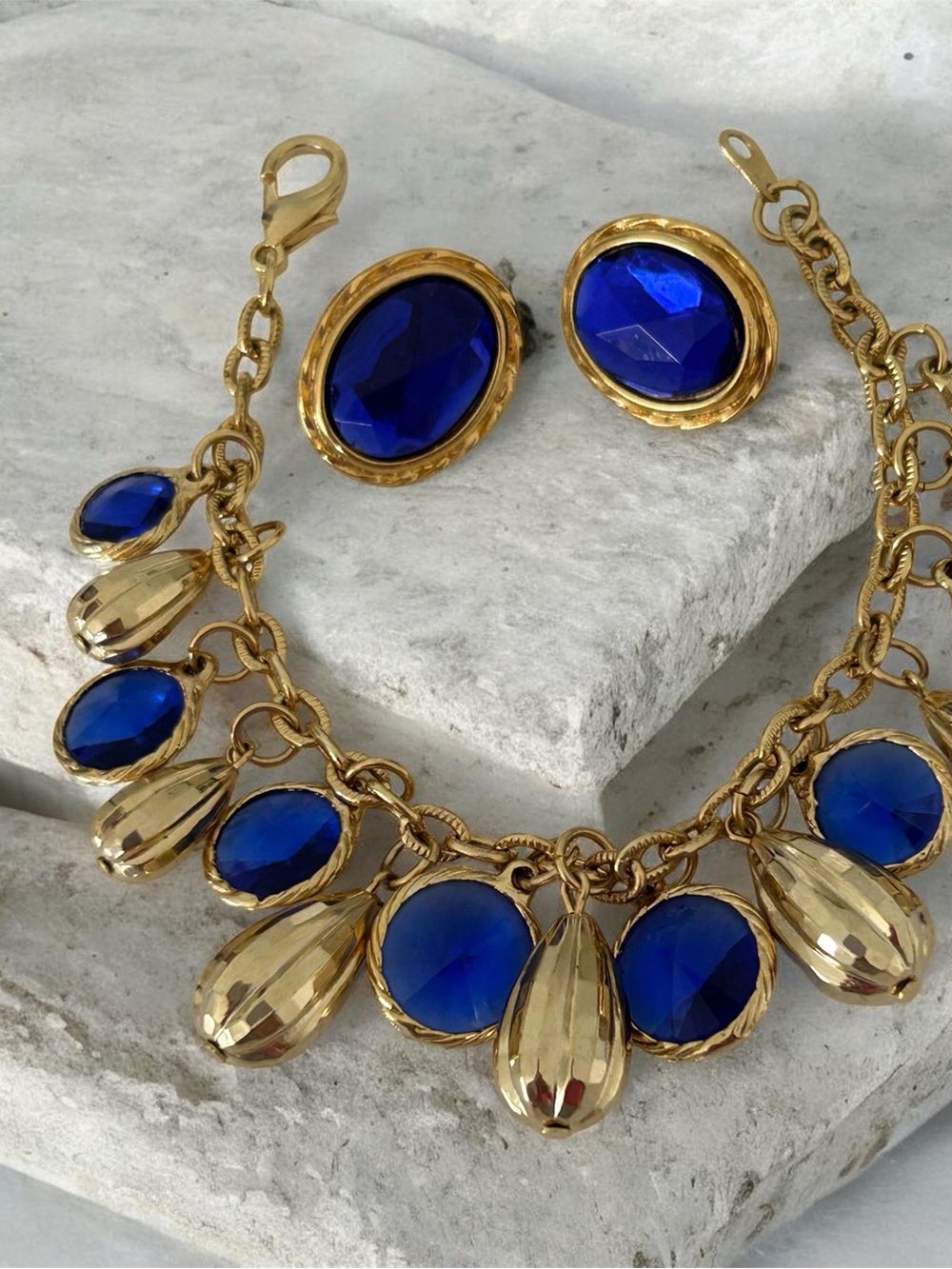 Swarovski Gold-Tone Bracelet & Clip-On Earrings with Deep Blue Stones